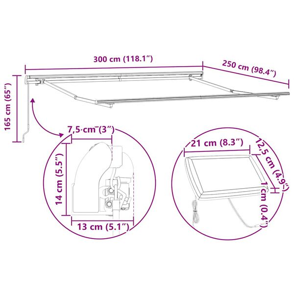 vidaXL Τέντα Πτυσσόμενη Χειροκίνητη με LED Ανθρακί / Λευκή 300x250 εκ.