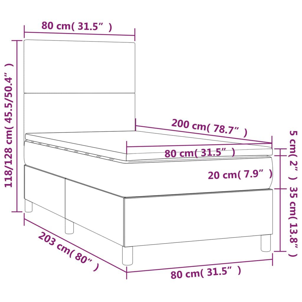 vidaXL Κρεβάτι Boxspring με Στρώμα & LED Σκ.Καφέ 80x200 εκ. Υφασμάτινο