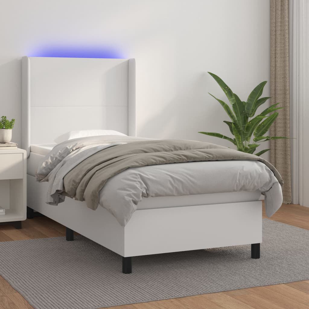 vidaXL Κρεβάτι Boxspring με Στρώμα & LED Λευκό 100x200 εκ. Συνθ. Δέρμα