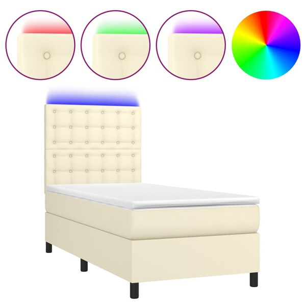 vidaXL Κρεβάτι Boxspring με Στρώμα & LED Κρεμ 100x200 εκ. Συνθ. Δέρμα