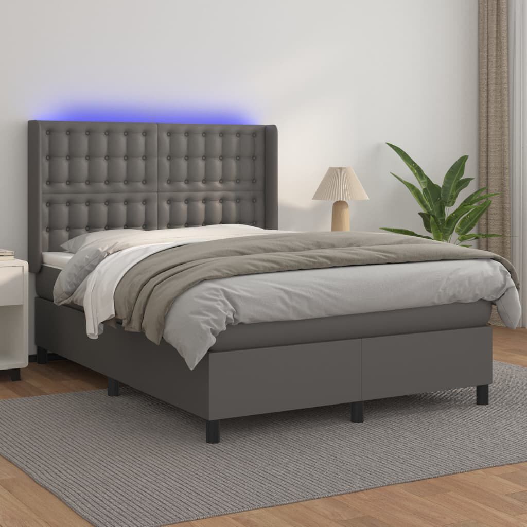 vidaXL Κρεβάτι Boxspring με Στρώμα & LED Γκρι 140x190 εκ. Συνθ. Δέρμα
