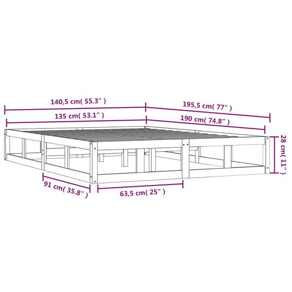 vidaXL Πλαίσιο Κρεβατιού Λευκό 135x190 εκ. από Μασίφ Ξύλο Double
