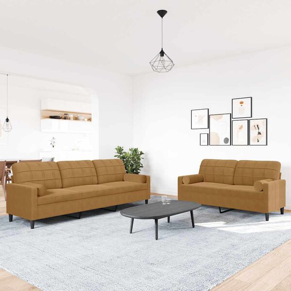 vidaXL Σετ Σαλονιού 2 Τεμ. Καφέ Βελούδινο με Μαξιλάρια/Στηρίγματα