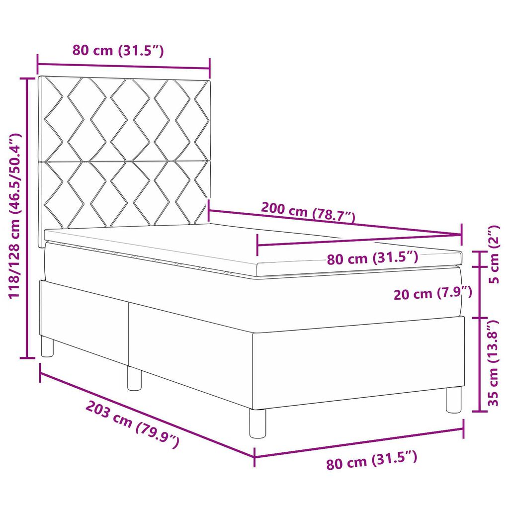 Κρεβάτι Box Spring με Στρώμα & LED μαύρο 80x200 εκ Βελούδο