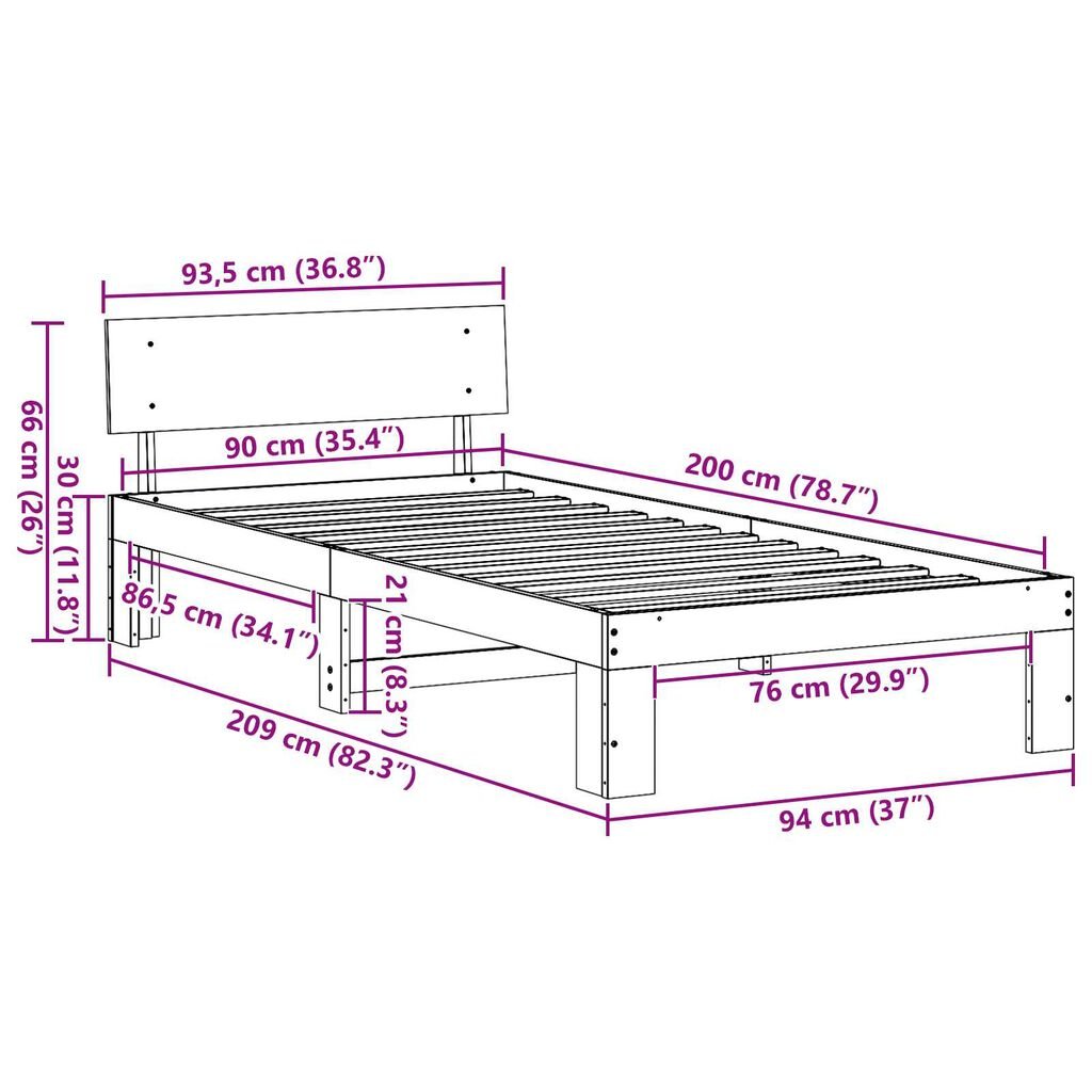 vidaXL κρεβάτι με προσκέφαλο Λευκό 90x200 εκ Μασίφ ξύλο πεύκου