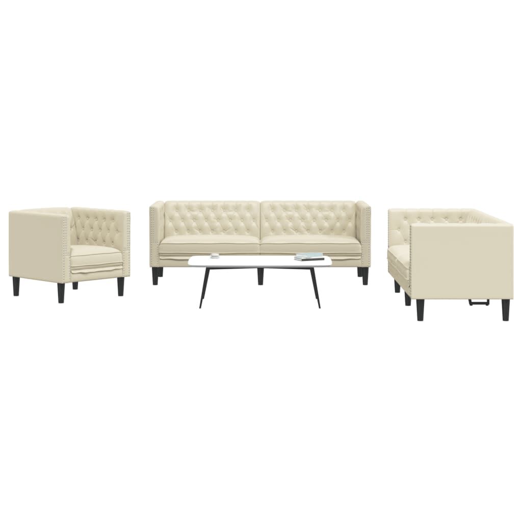 vidaXL Καναπές Chesterfield 3 τεμαχίων σετ Cream Faux Leather