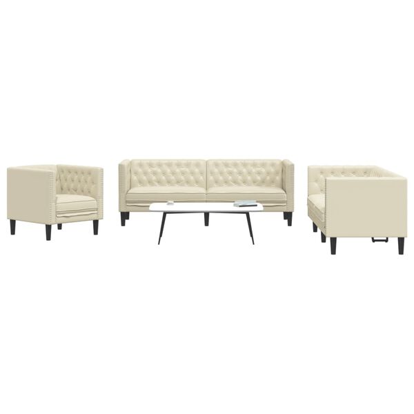vidaXL Καναπές Chesterfield 3 τεμαχίων σετ Cream Faux Leather
