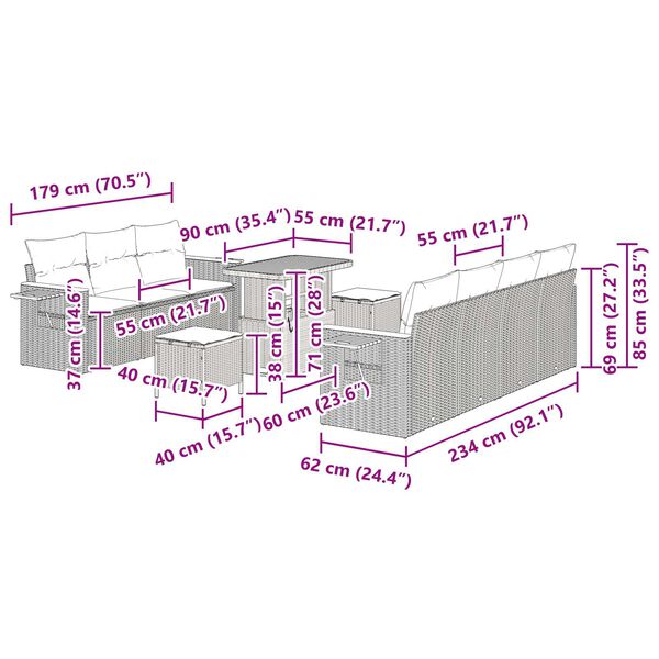 vidaXL Σετ Καναπέ Κήπου 10 pcs μπεζ και ανοιχτό γκρι 90 x 55 x 71 cm