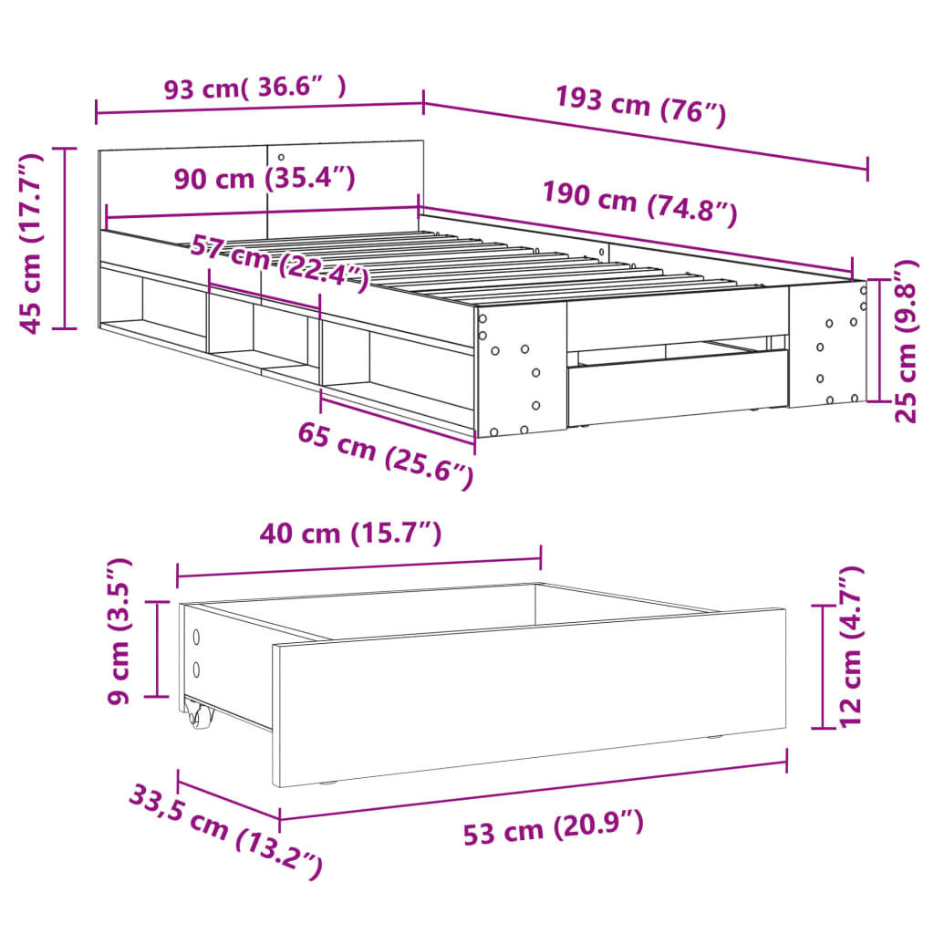 vidaXL Πλαίσιο Κρεβατιού με Συρτάρια Καφέ δρυς 90x190 εκ. Επεξ. Ξύλο