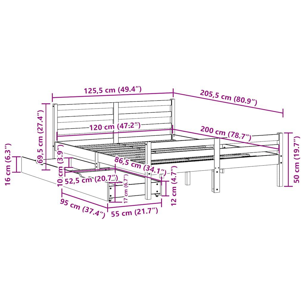 vidaXL Σκελετός Κρεβατιού Χωρίς Στρώμα 120x200 εκ Μασίφ Ξύλο Πεύκου