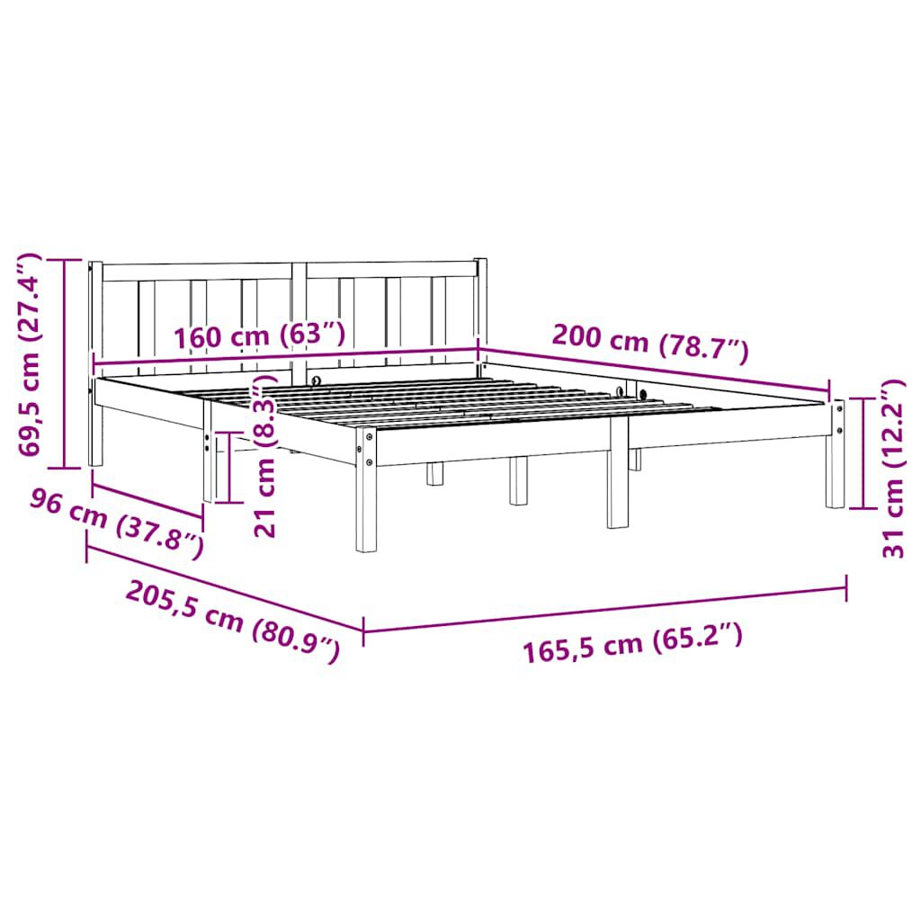 vidaXL Πλαίσιο Κρεβατιού 160 x 200 εκ. από Μασίφ Ξύλο Πεύκου