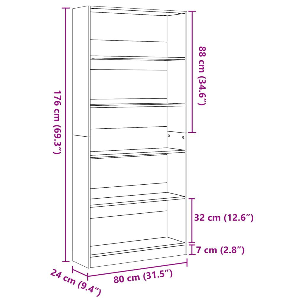 vidaXL Βιβλιοθήκη Καφέ Δρυς 80x24x176 εκ. από Επεξεργασμένο Ξύλο