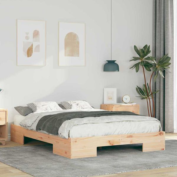 vidaXL Κρεβάτι δαπέδου Καφέ 140 x 190 cm Μασίφ ξύλο πεύκου
