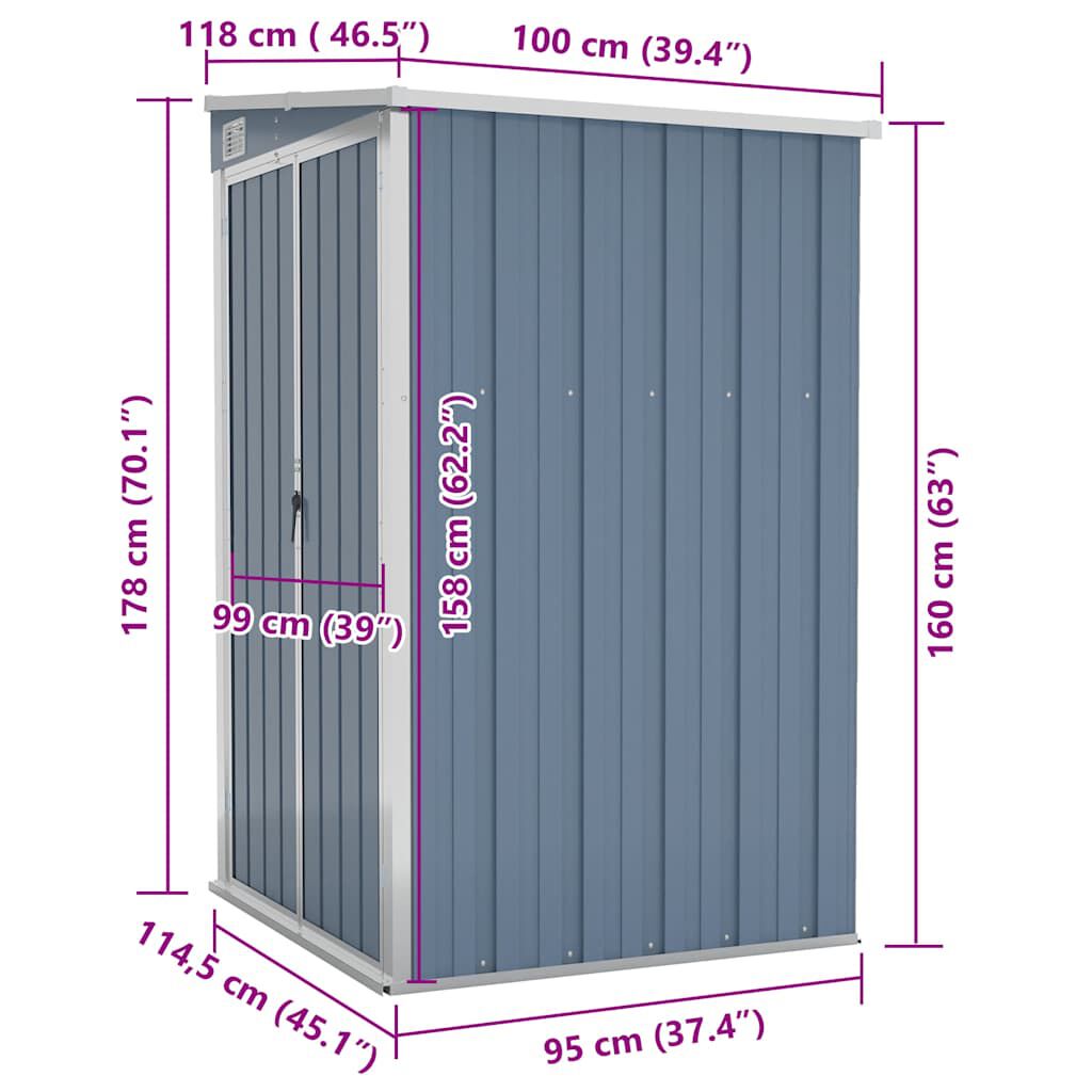 vidaXL Αποθήκη Κήπου Επιτοίχια Γκρι 118x100x178 εκ. Γαλβ. Χάλυβας