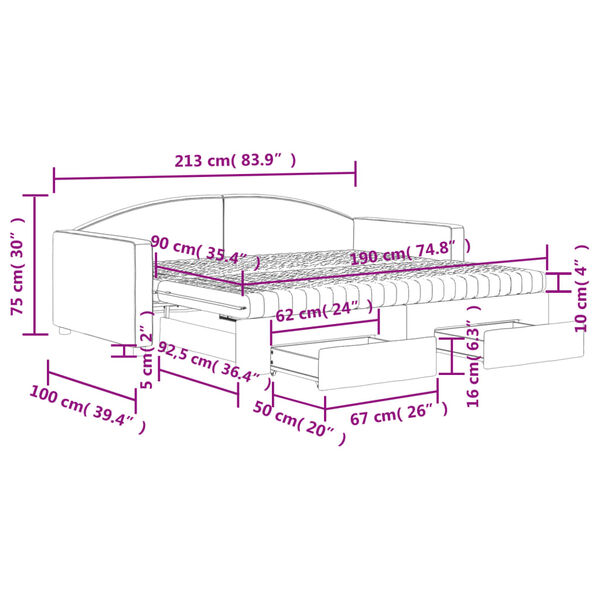 vidaXL Καναπές Κρεβάτι Συρόμενος Σκούρο Γκρι 90x190 εκ Ύφασμα Συρτάρια