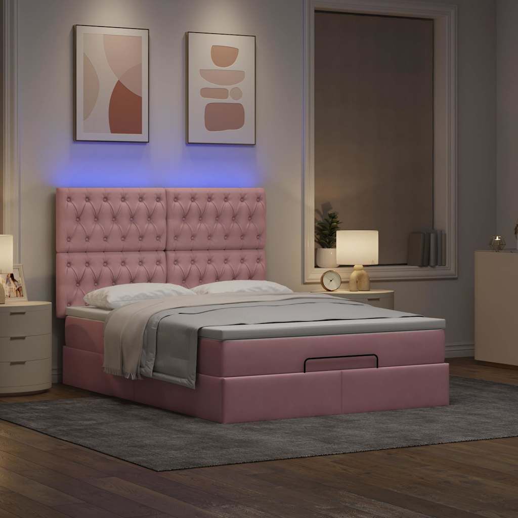vidaXL Οθωμανικό κρεβάτι με στρώματα & LEDs Ροζ 140x200cm Βελούδο