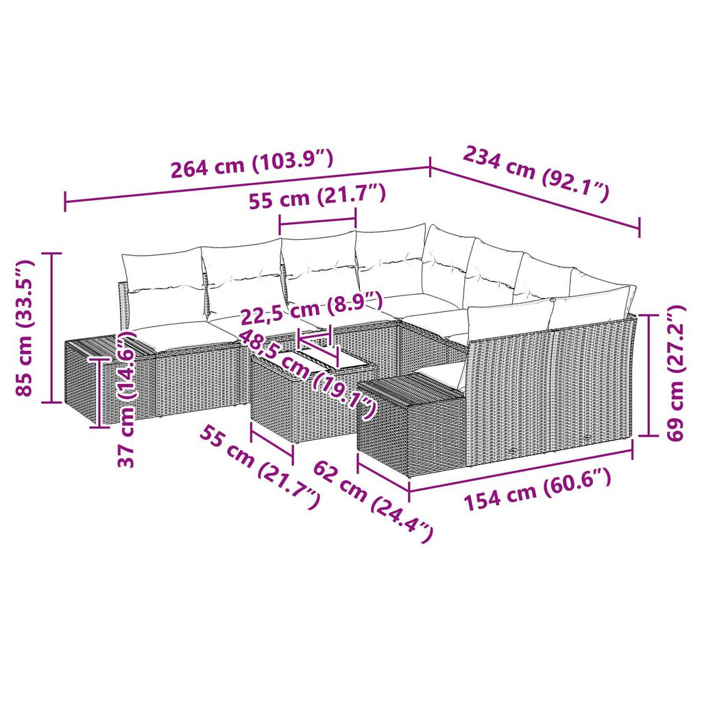 vidaXL Σετ Καναπέ Κήπου 9 pcs Ανοιχτό γκρι Πολυ ράταν
