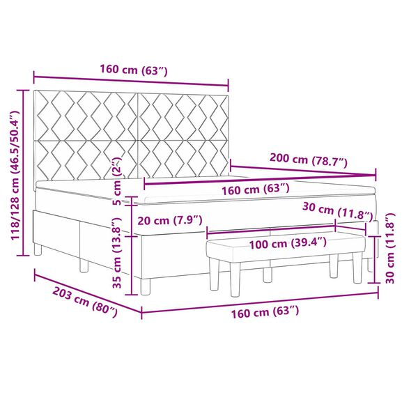 vidaXL Κρεβάτι με Σπάγκο με Στρώμα & Πάγκο Μαύρο 160x200 εκ. Βελούδο
