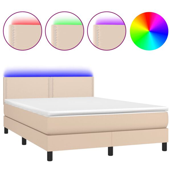 vidaXL Κρεβάτι Boxspring Στρώμα&LED Καπουτσίνο 140x200 εκ. Συνθ. Δέρμα