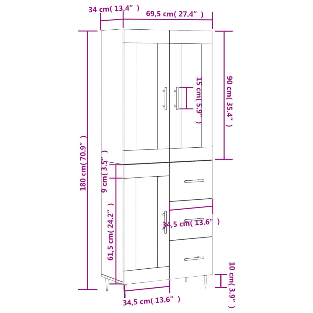 vidaXL Ντουλάπι Sonoma δρυς 69,5 x 34 x 180 εκ. από Επεξεργασμένο Ξύλο