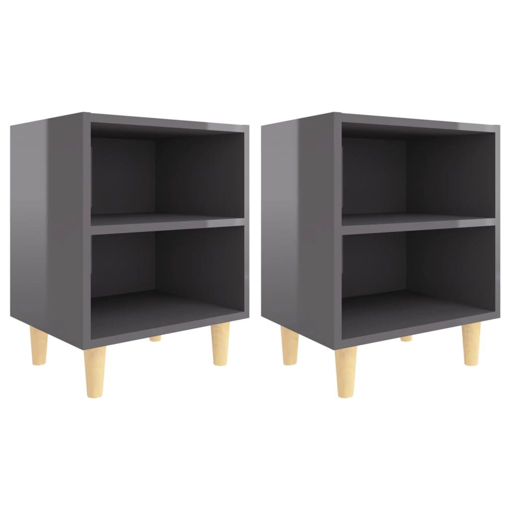 vidaXL Κομοδίνα 2 τεμ. Γυαλιστ. Γκρι 40x30x50εκ. με Μασίφ Ξύλινα Πόδια