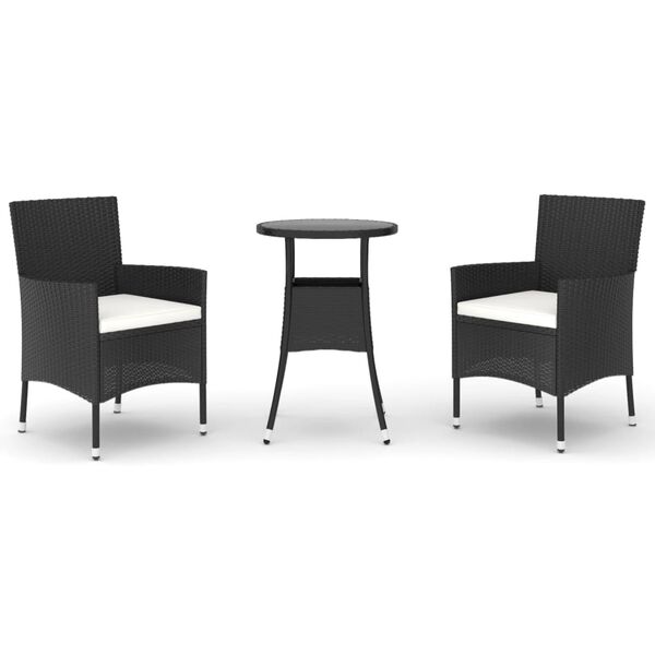 vidaXL Σετ Επίπλων Bistro Κήπου 3 τεμ Μαύρο Συνθετ. Ρατάν με Μαξιλάρια