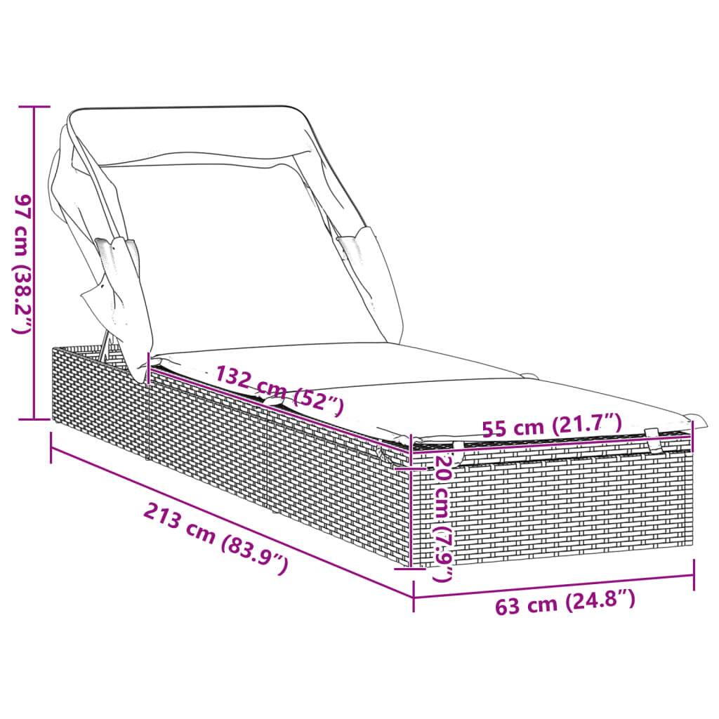 vidaXL Ξαπλώστρα με Πτυσσόμενη Οροφή Γκρι 213x63x97 εκ. Συνθ. Ρατάν