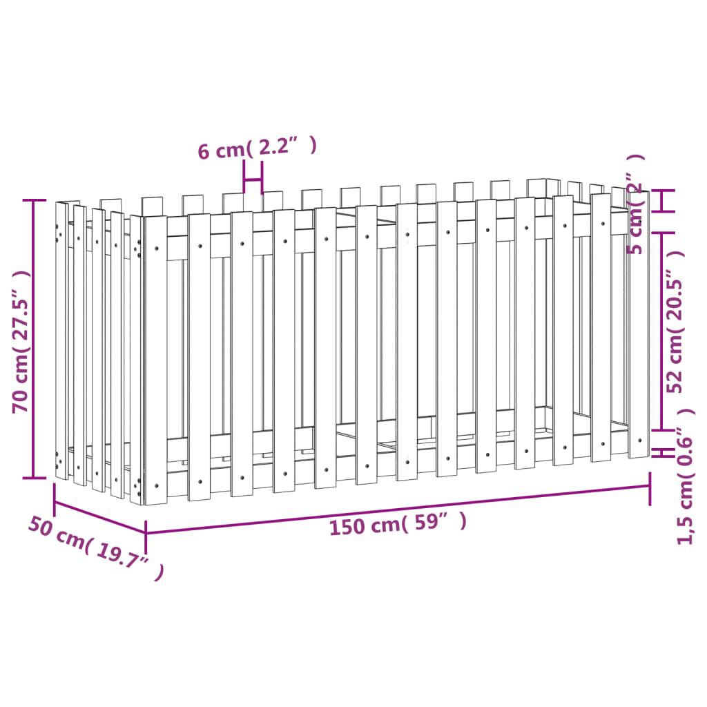 vidaXL Ζαρντινιέρα Υπερυψωμένη Σχ Φράχτη 150 x 50 x 70 εκ. Μασίφ Πεύκο