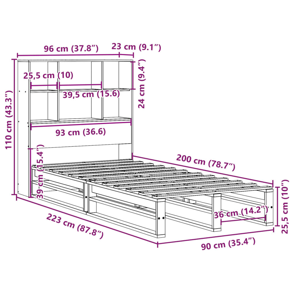 vidaXL Κρεβάτι Βιβλιοθήκη Χωρίς Στρώμα Καφέ 90x200 εκ Μασίφ Πεύκο