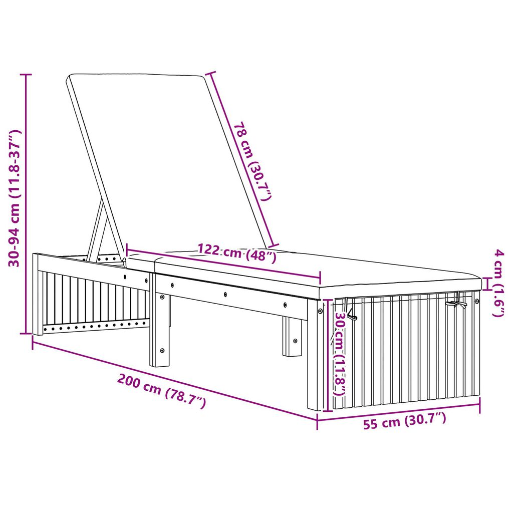 vidaXL Ξαπλώστρα με μαξιλάρι Καφέ 200 x 55 x 94εκ Μασίφ ξύλο ακακίας