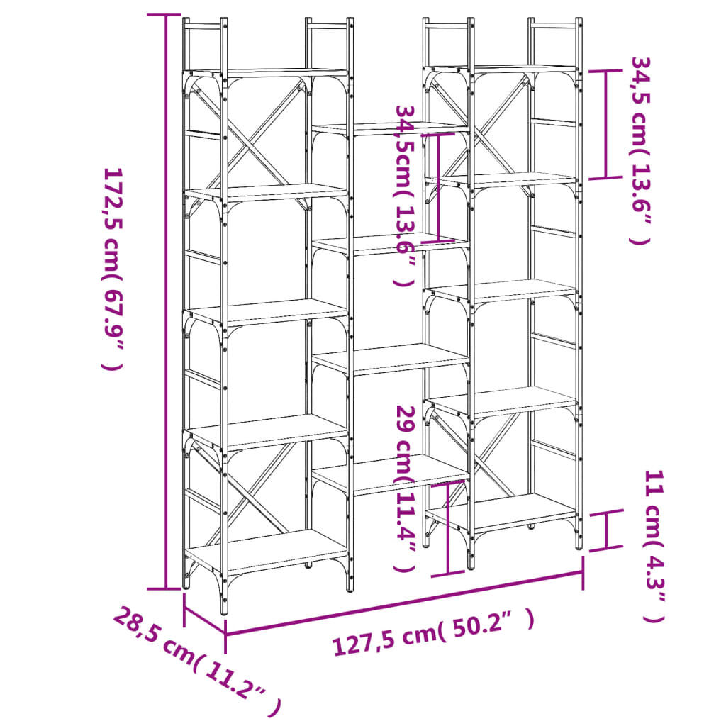 vidaXL Βιβλιοθήκη Καφέ Δρυς 127,5x28,5x172,5 εκ. Επεξεργασμένο Ξύλο