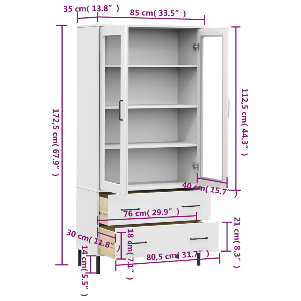 vidaXL Βιβλιοθήκη OSLO Λευκή 85x35x172,5 εκ. Μασίφ Ξύλο με Μετ. Πόδια