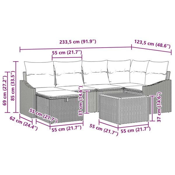 vidaXL Σετ Καναπέ Κήπου με μαξιλάρι 7 pcs Μπεζ Πολυ ράταν