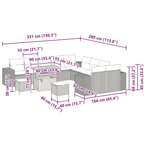 vidaXL Σετ Καναπέ Κήπου Ρυθμιζόμενο ύψος 13 pcs Μαύρο συνθετικό ρατάν