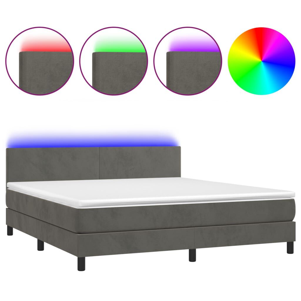 vidaXL Κρεβάτι Boxspring με Στρώμα & LED Σκ. Γκρι 180x200εκ. Βελούδινο