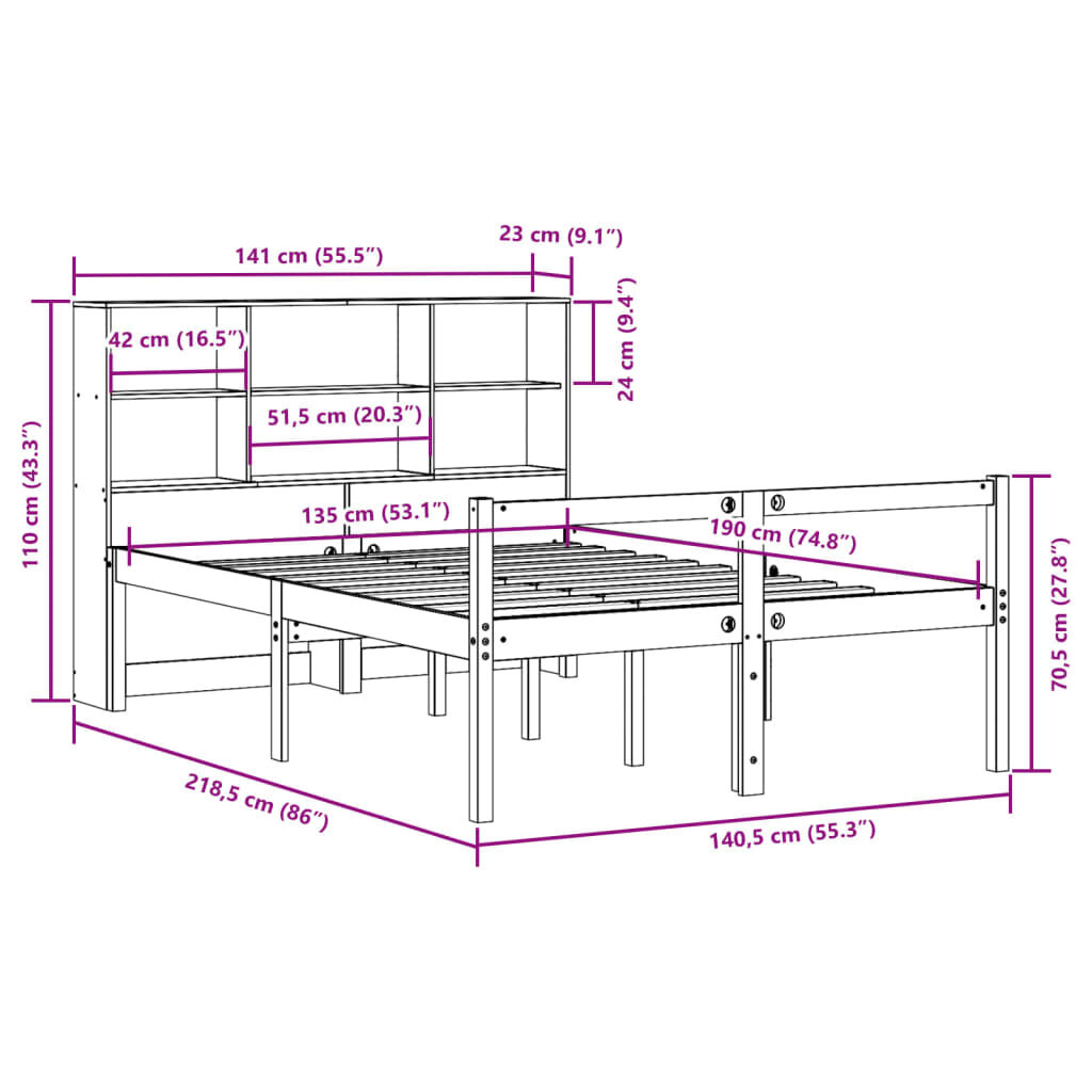 vidaXL Κρεβάτι Βιβλιοθήκη Χωρίς Στρώμα Λευκό 135x190 εκ Μασίφ Πεύκο