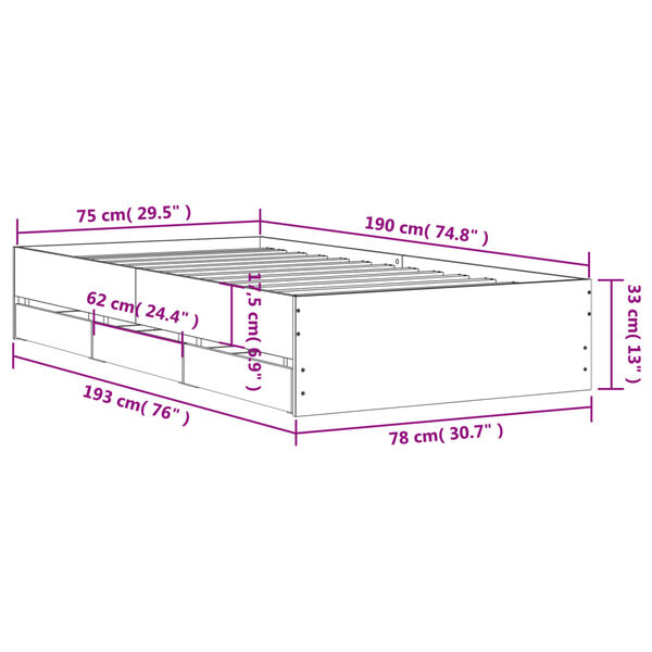 vidaXL Πλαίσιο Κρεβατιού με Συρτάρια Γκρι Sonoma 75x190 εκ. Επεξ. Ξύλο