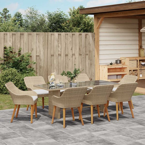 vidaXL Σέτ φαγητού για κήπο με μαξιλάρι 9 pcs Μπεζ συνθετικό ρατάν