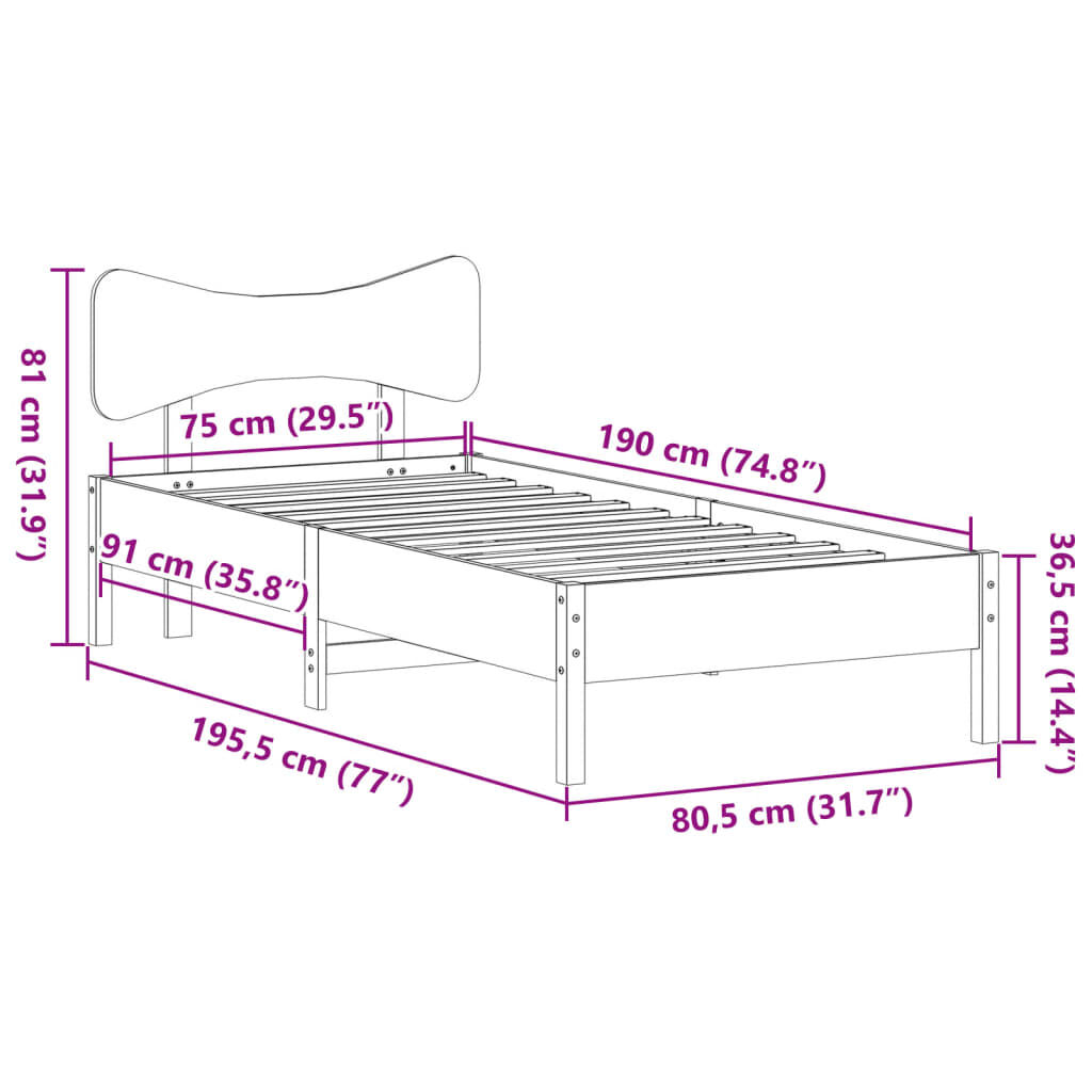 vidaXL Σκελετός Κρεβ. Χωρίς Στρώμα Καφέ Κεριού 75x190 εκ Μασίφ Πεύκο