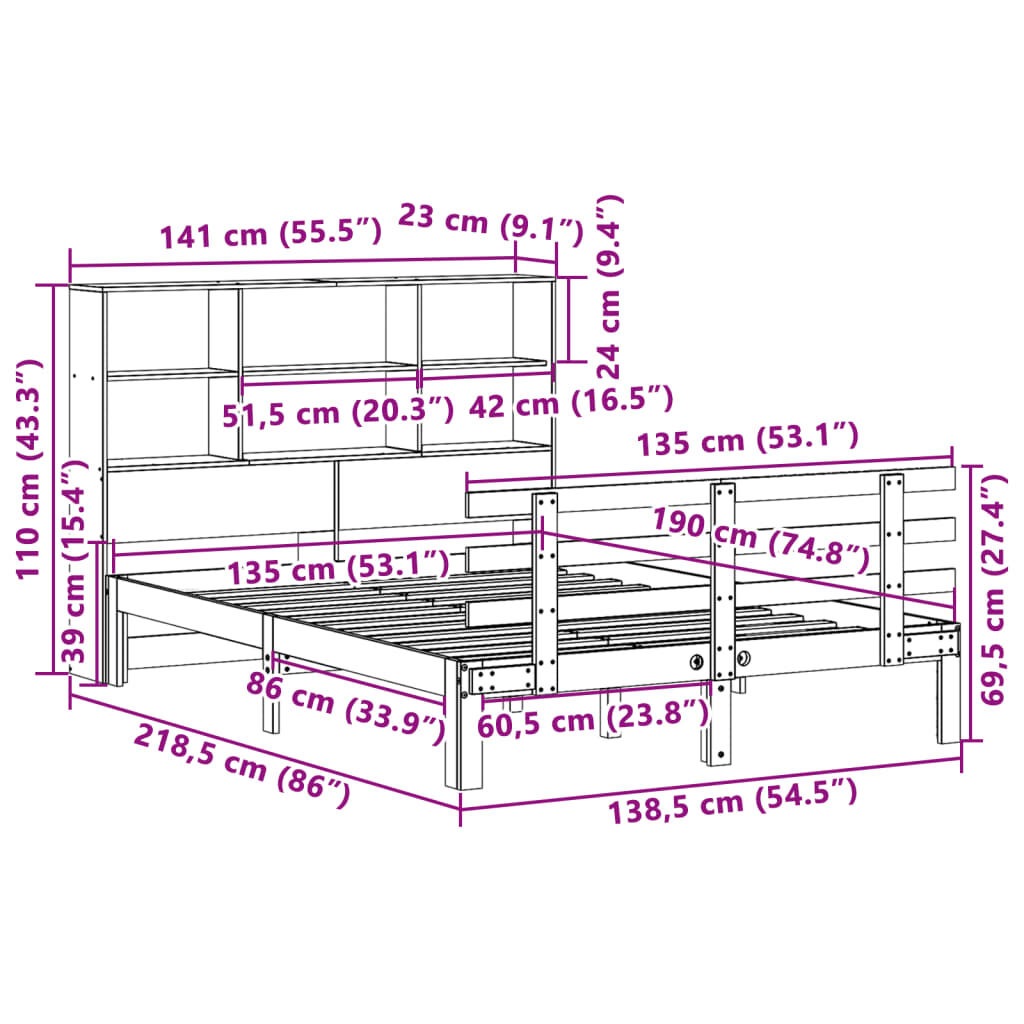 vidaXL Κρεβάτι Βιβλιοθήκη Χωρίς Στρώμα Λευκό 135x190 εκ Μασίφ Πεύκο