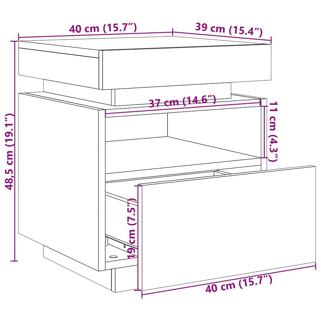 vidaXL Κομοδίνα με φώτα LED 2 τεμάχια Παλιό ξύλο 40x39x48,5 cm