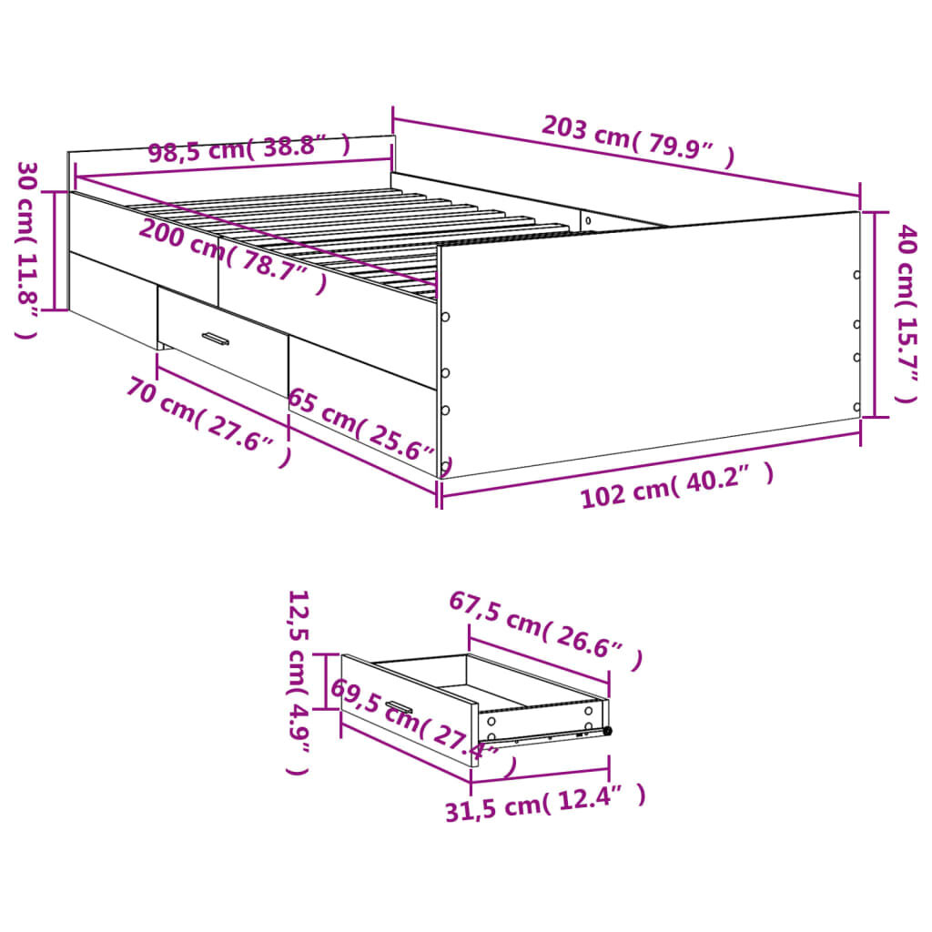 vidaXL Πλαίσιο Κρεβατιού με συρτάρια Sonoma Δρυς 100x200εκ. Επεξ. Ξύλο