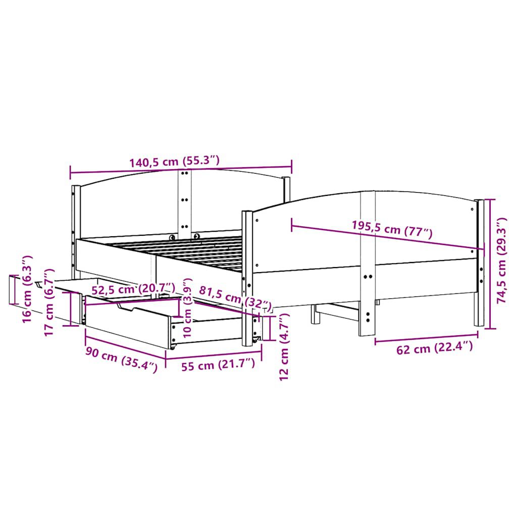 vidaXL Σκελετός Κρεβατιού Χωρίς Στρώμα 135x190 εκ Μασίφ Ξύλο Πεύκου