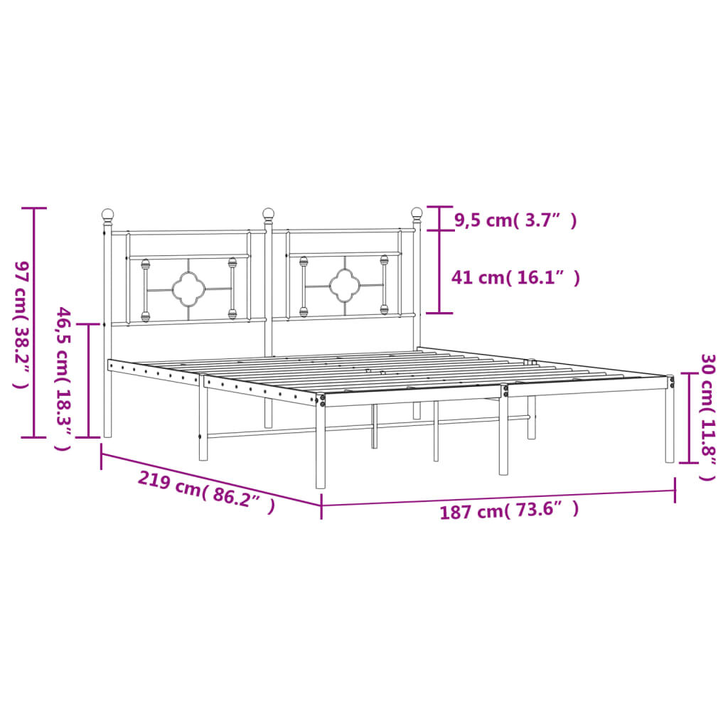 vidaXL Πλαίσιο Κρεβατιού με Κεφαλάρι Μαύρο 183 x 213 εκ. Μεταλλικό