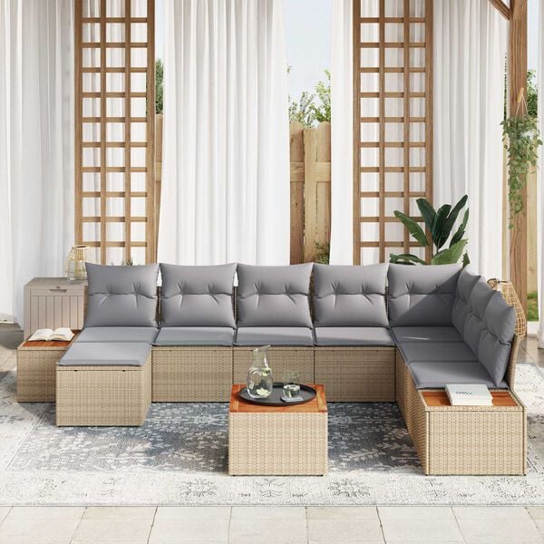 vidaXL Σετ Καναπέ Κήπου με μαξιλάρι 9 pcs Μπεζ Πολυ ράταν
