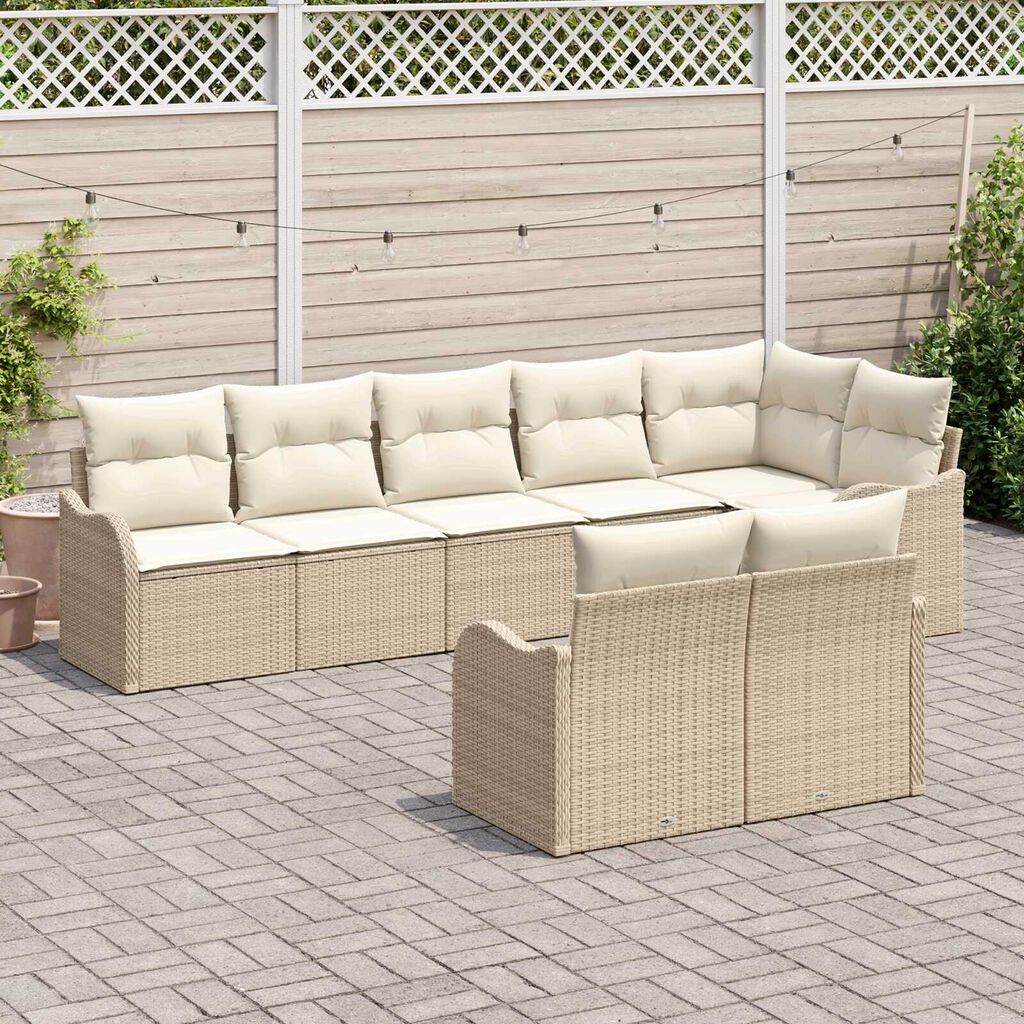 vidaXL Σετ Καναπέ Κήπου με μαξιλάρι 8 pcs Μπεζ και λευκό Πολυ ράταν