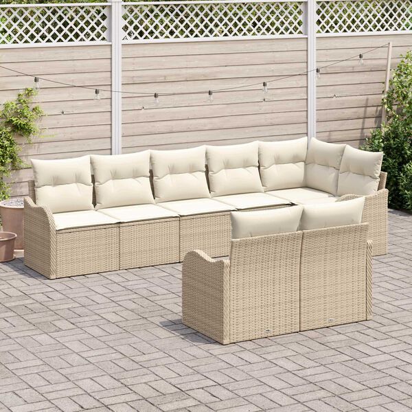 vidaXL Σετ Καναπέ Κήπου με μαξιλάρι 8 pcs Μπεζ και λευκό Πολυ ράταν