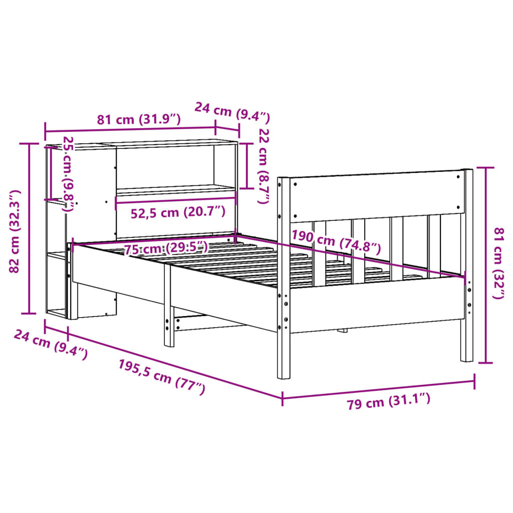 vidaXL Κρεβάτι Βιβλιοθήκη Χωρίς Στρώμα 75x190 εκ Μασίφ Ξύλο Πεύκου