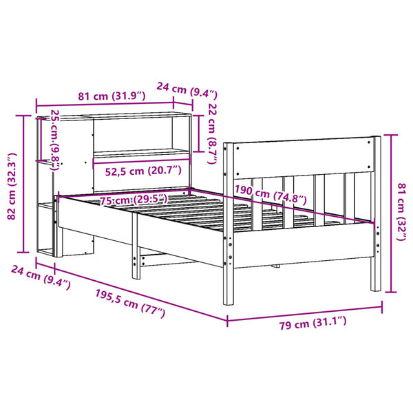vidaXL Κρεβάτι Βιβλιοθήκη Χωρίς Στρώμα 75x190 εκ Μασίφ Ξύλο Πεύκου