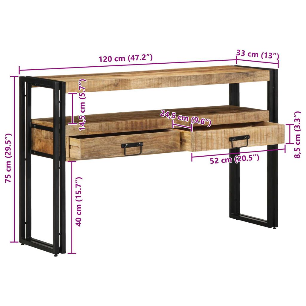 vidaXL Τραπέζια στο κομοδίνο Μαύρο 120x33x75 εκ Μασίφ ξύλο μάνγκο και μέταλλο